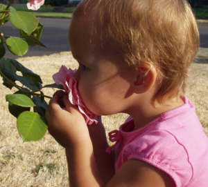 child smelling flower